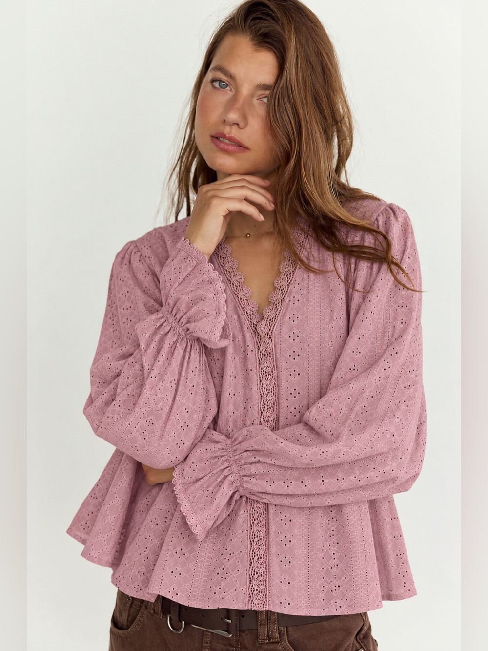 Dusty Mauve Eyelet Lace Trim Blouse 3XL Plus Boho Ruffle Sleeve Soft Rayon NWOT
